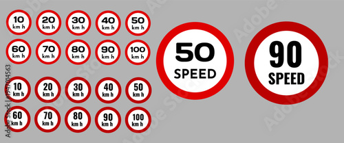 A collection of traffic speed limit signs from 10 -100 km/h. Speed ​​limit icons in traffic signs.