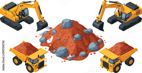 Isometric construction excavation scene with excavators and dump trucks moving soil and rocks heavy machinery mining vector illustration
