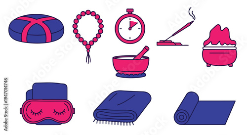  vector meditation and relaxation icons featuring a yoga cushion, prayer beads, stopwatch, incense stick, burning sage, sleep mask, folded towel