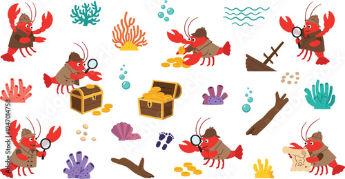 Cute detective lobster underwater treasure hunt cartoon set ocean crab character searching gold coins coral bubbles vector illustration collection