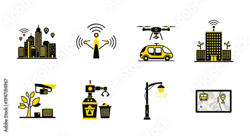Smart city technology vector icon set featuring urban infrastructure, autonomous vehicles, drones, IoT sensors, and robotic waste management for modern digital concepts and future city designs.