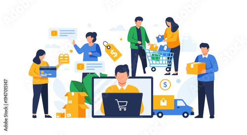 E-commerce Online Shopping Experience Illustration: Digital Retail, Secure Payments, Customer Journey, and Fast Delivery Logistics