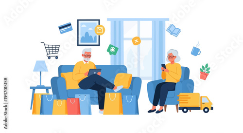 Senior Couple Online Shopping & E-commerce at Home with Digital Devices, Enjoying Convenient Home Delivery and Modern Digital Lifestyle