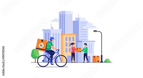 E-commerce Urban Bike Delivery: Courier on Bicycle Delivering Packages, Customer Receiving Parcel in City
