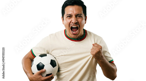 Man in Mexican national team jersey holding soccer ball on transparent background