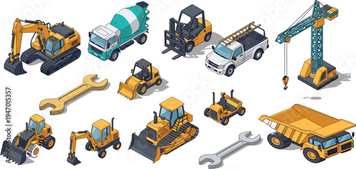 Isometric construction machinery set featuring excavator bulldozer crane dump truck cement mixer forklift loader pickup and tools vector illustration collection