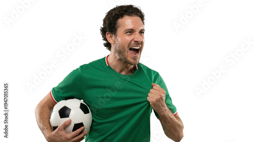 Man in Mexican National Team jersey holding soccer ball on transparent background