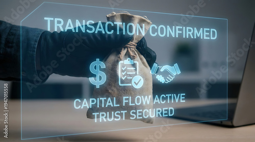 Hand passing coin sack with transaction confirmed digital overlay on laptop keyboard