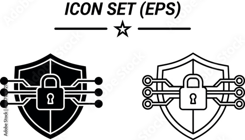 A set of two black and white security icons featuring a shield with a padlock and circuit board elements