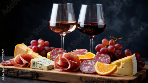 Charcuterie board with wine glasses and gourmet food items isolated on transparent background