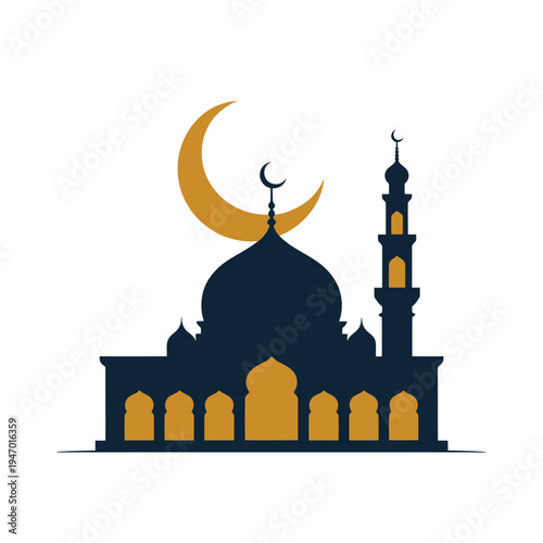 Stylized islamic mosque illustration with crescent moon and minaret details