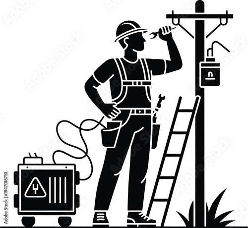 Electrician Electricity Technician Powerline Maintenance Ladder Tools Utility Repair Worker