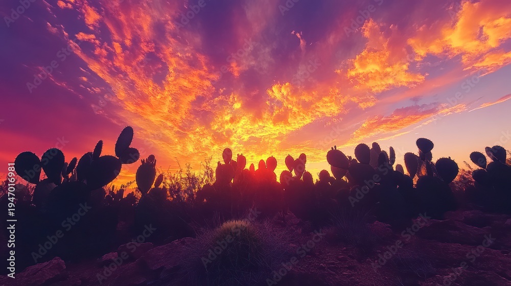 Obraz premium Dramatic Sunset over Prickly Pear Cactus Field