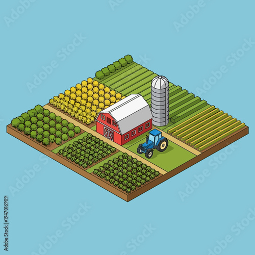 Isometric illustration of a farm with fields, a barn, a silo, and a tractor on a blue background.