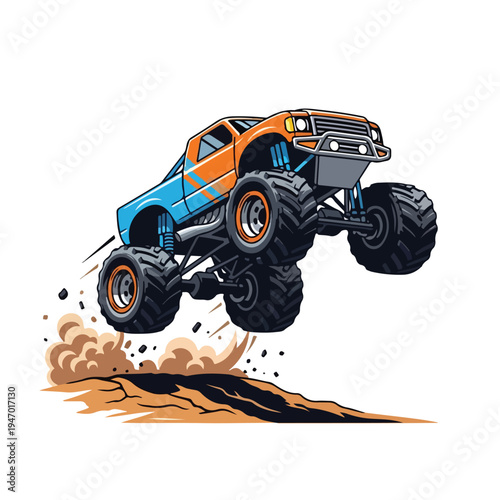 A colorful monster truck vector illustration jumping over a dirt mound with large tires and vibrant orange and blue design
