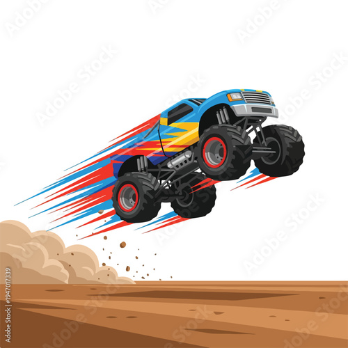 A colorful monster truck vector illustration racing over a dirt track with motion lines and dust clouds
