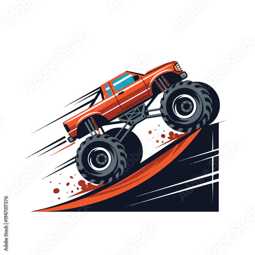 A vibrant orange monster truck vector illustration racing up a ramp with motion lines and splatters on a white background
