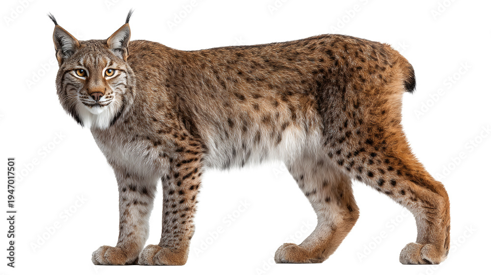 Obraz premium Iberian lynx standing, isolated on a white background,