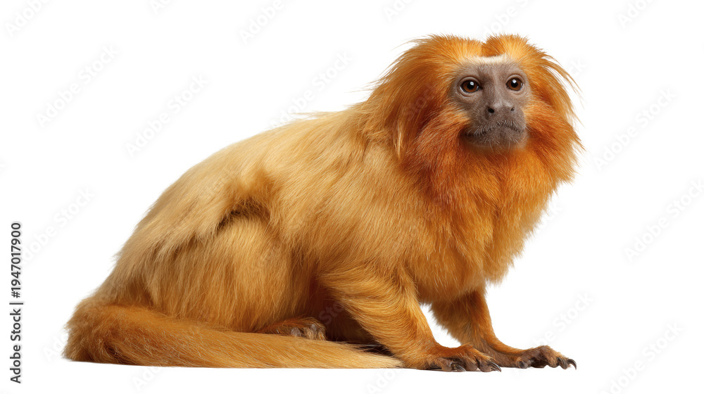 Fototapeta premium Golden lion tamarin sitting, isolated on a white background