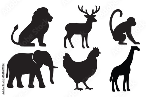 Set of animal silhouettes including dog horse elephant deer wolf and other mammals in black vector illustration