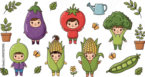 Cute kids in vegetable costumes eggplant tomato broccoli corn pea garden kawaii cartoon characters vector illustration set