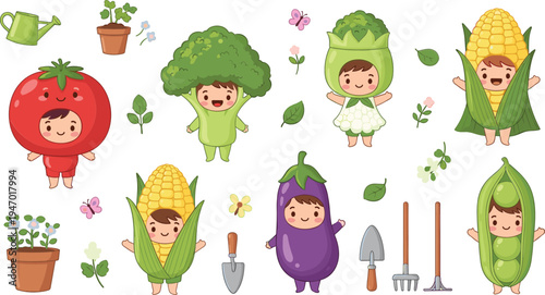 Cute kids in vegetable garden costumes tomato broccoli corn eggplant pea kawaii cartoon farming vector illustration set