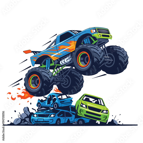A colorful monster truck vector illustration jumping over crashed cars with motion lines, conveying a dynamic and energetic mood
