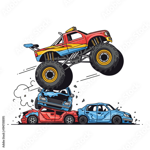 A colorful monster truck vector illustration jumping over two crashed cars with a dynamic motion effect on a clean white background