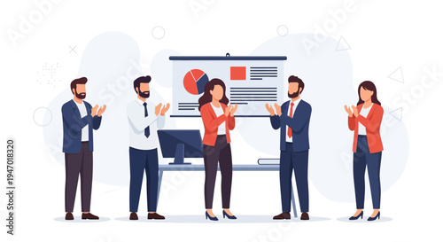 Business team applauding success at presentation with charts and graphs