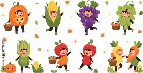 Cute kids wearing fruit and vegetable costumes collection including pumpkin corn grape apple carrot autumn harvest vector illustration set