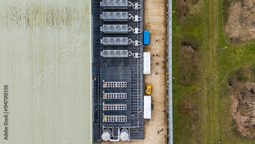 Overhead Birds Eye shot of cooling and backup systems at a modern data centre in Corby, Northamptonshire, UK
