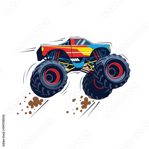 A colorful monster truck vector illustration with large wheels and motion lines, set against a clean white background