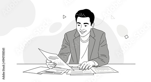 Man reviewing documents at desk, business meeting, planning, analysis, black and white illustration