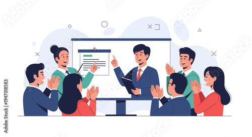 Business meeting with presentation, team applauding speaker on video call