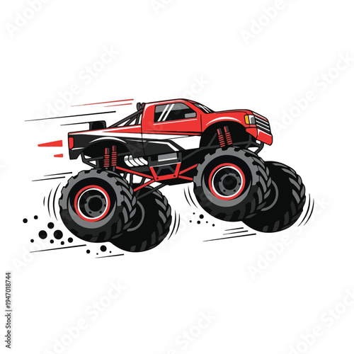 A red monster truck vector illustration with large black wheels and motion lines on a white background