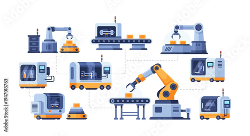 Industrial Automation and Smart Factory Robotics Network - Modern Manufacturing Process
