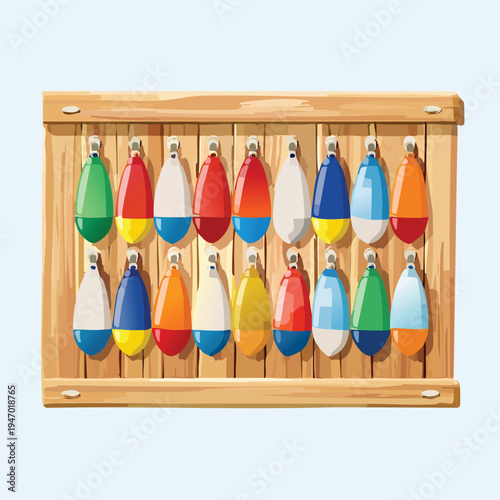 Colorful buoys displayed on wooden board decorative maritime elements