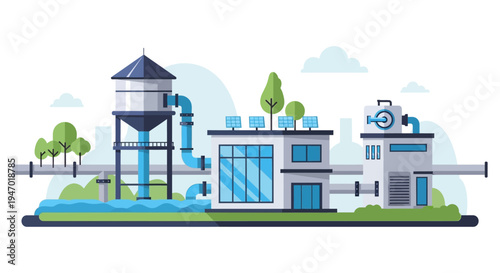 Sustainable Water Treatment Plant with Solar Panels and Storage Tower. Eco-Friendly Water Management Infrastructure Vector Illustration.