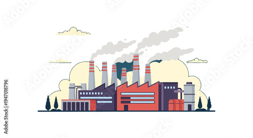 Industrial Factory with Smoking Chimneys Flat Vector. Manufacturing Plant, Production, and Air Pollution Concept Illustration.