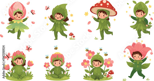 Cute little forest fairy children wearing flower, leaf and mushroom costumes magical nature kids cartoon vector illustration set