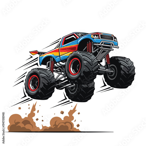 A colorful monster truck vector illustration jumping over dirt with motion lines, showcasing its large tires and vibrant red, orange, and blue design