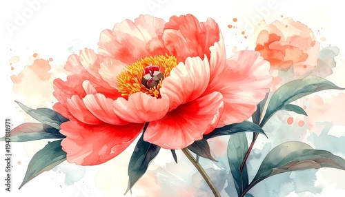 A vibrant watercolor painting of a peony in full bloom, showcasing delicate pink petals and a yellow center