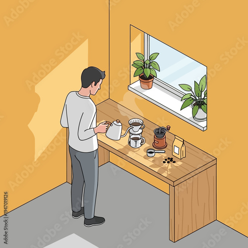 A person is brewing coffee using a pour-over method at a wooden counter.