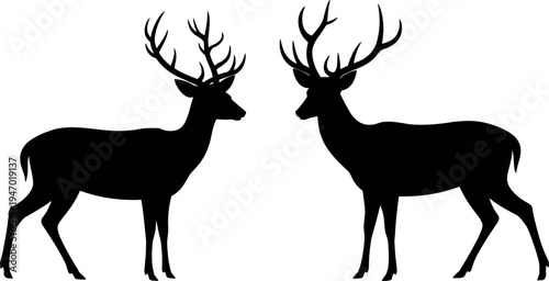 Two deer silhouettes with large antlers, wild stag animals vector, isolated buck figures for outdoor nature design