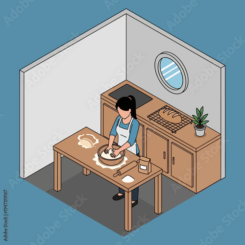 Woman in kitchen kneading dough, preparing food, baking bread, cooking at home.