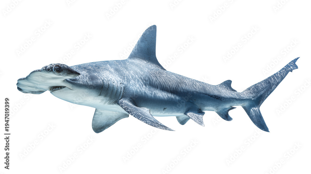 Obraz premium Scalloped hammerhead shark swimming, isolated on a white background