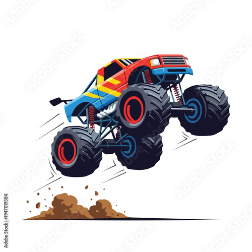 A colorful monster truck vector illustration jumping over a pile of dirt with motion lines on a white background