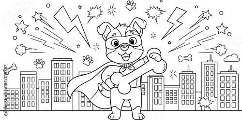 Superhero Puppy Dog Coloring Page with City Skyline, Lightning and Stars for Kids Activity Book, Cute Pet Hero Line Art Illustration