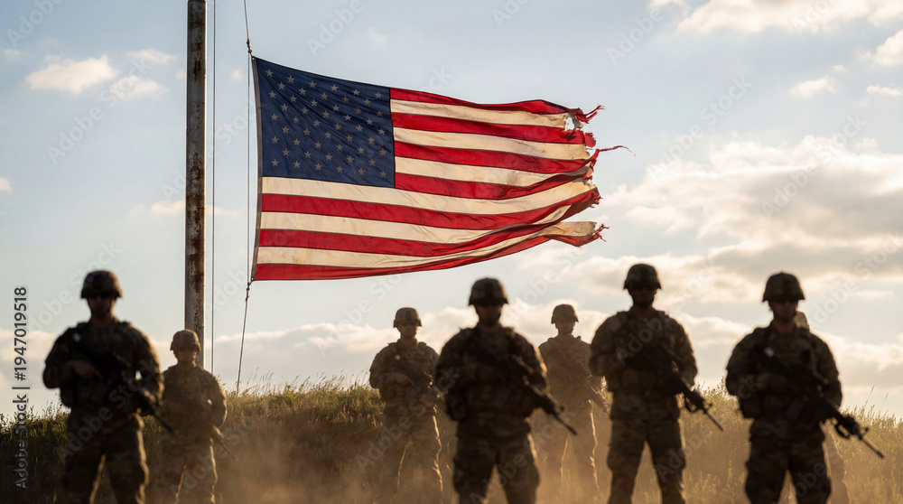Fototapeta premium American Soldiers and US Flag. US troops