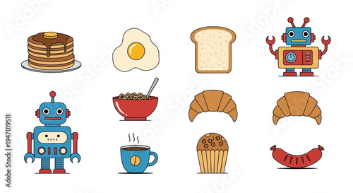 Breakfast food and robot icons illustration